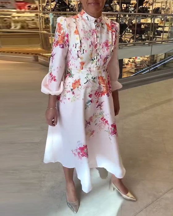 Kleid Französisch Puffärmel Stehkragen Druck