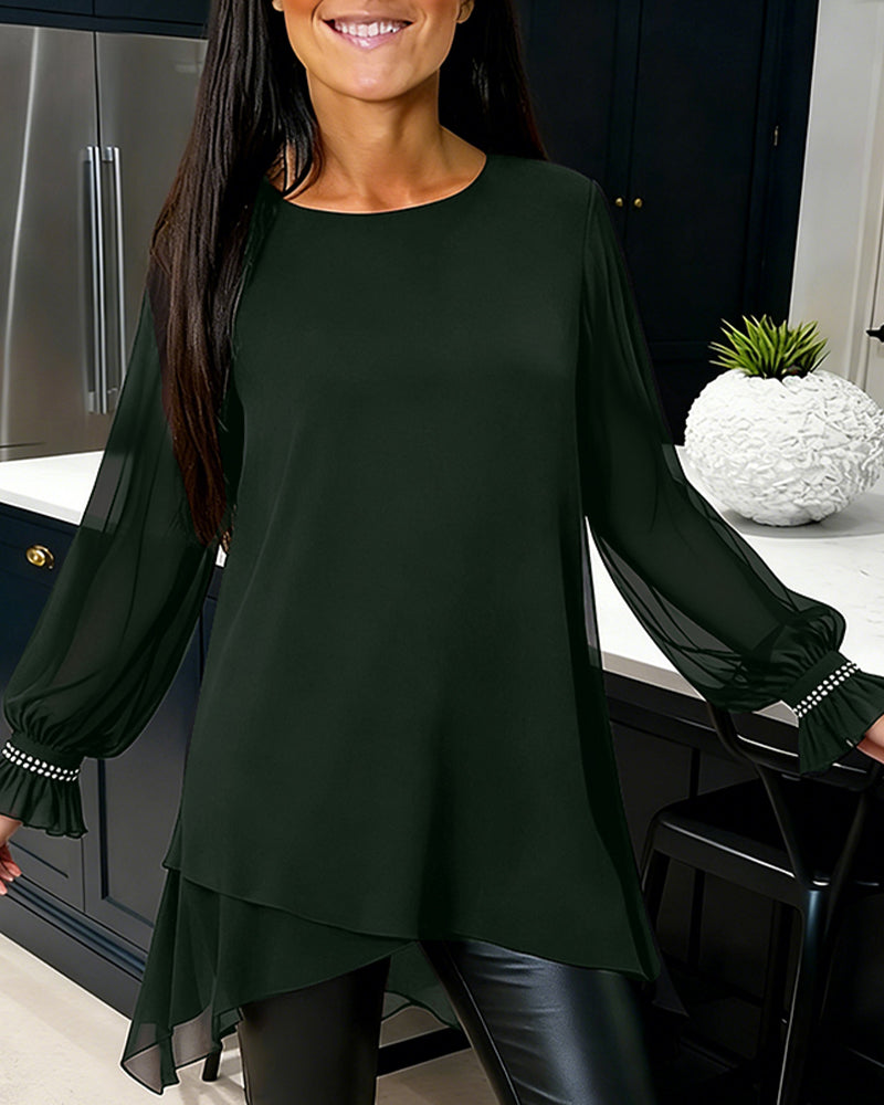 Bluse Perlenbesetzt Puffärmel Runder Halsausschnitt