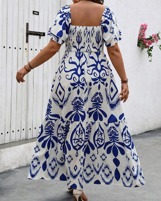 Kleid Blau Porzellan Quadratischer Ausschnitt Druck Maxi