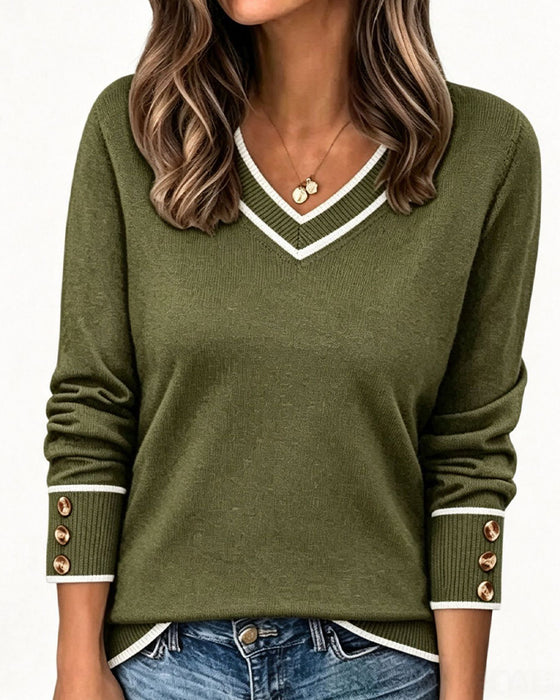 Pullover Mit Farbblock V-Ausschnitt Und Druckknöpfen