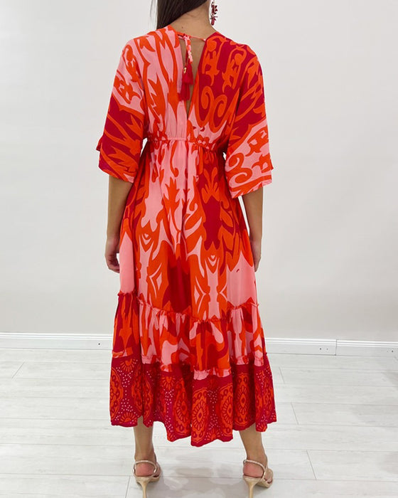 Kleid V-Ausschnitt Blumen Print A-Linie