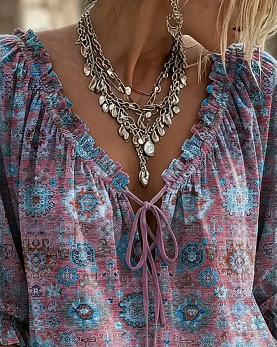 Bluse V-Ausschnitt Bindung Vintage Print