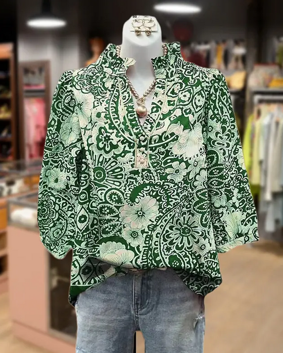 Bluse Paisley Blumenprint Mandarin-Kragen