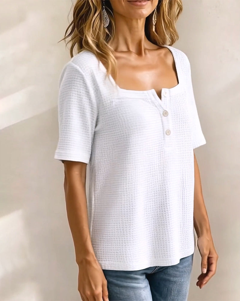 T-Shirt Quadratischer Ausschnitt Knopf Waffel