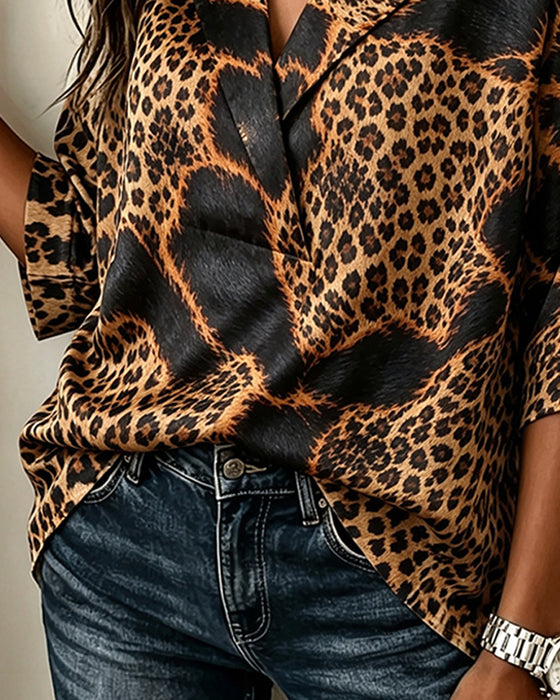 Bluse Revers Kreuz Leopard