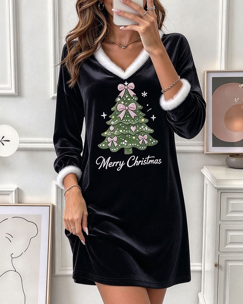 Kleid V-Ausschnitt Pelz Kragen Weihnachtsbaum Langarm