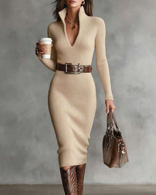 Strickkleid Halboffener Rollkragen Gerippt Bodycon