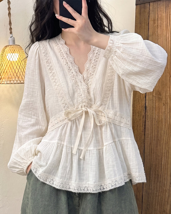 Bluse V-Ausschnitt Blasenärmel Spitze Patchwork Ausgestellt