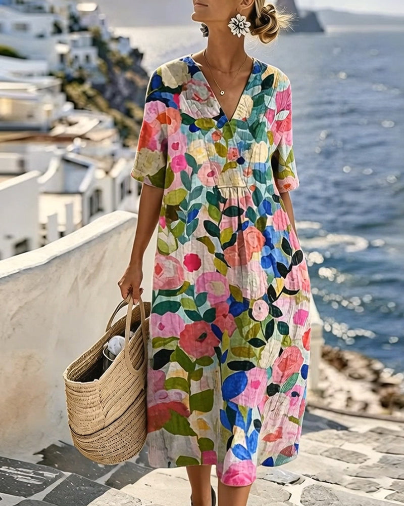 Kleid Aquarell Blumen V-Ausschnitt