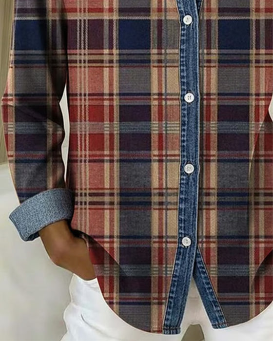 Modische Karierte Bluse Mit Kontrastfarben