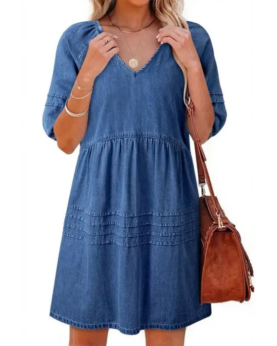 Kleider Denim V-Ausschnitt Puff Ärmel