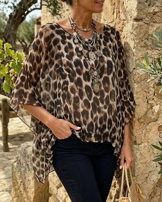 Bluse Leopard Fledermaus-Ärmel Locker