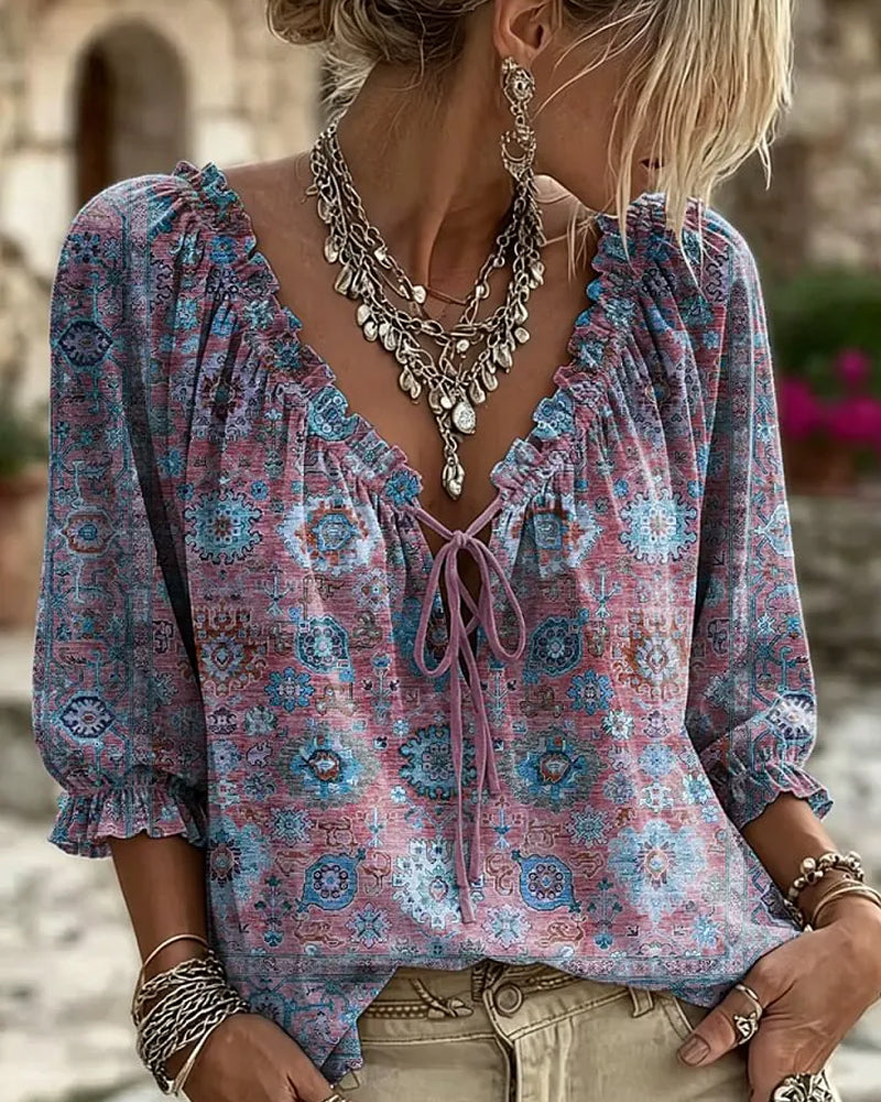 Bluse V-Ausschnitt Bindung Vintage Print