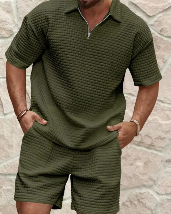 Set Polo Kragen Reißverschluss Waffel Textur Shorts