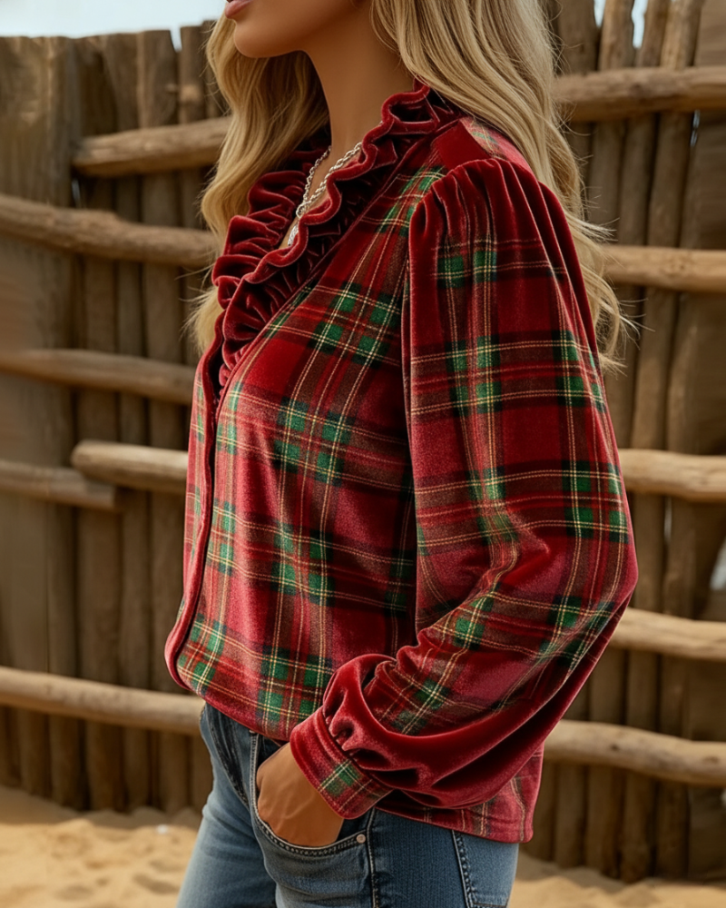 Top Mit Rüschendetails, V-Kragen Design Und Samtstoff