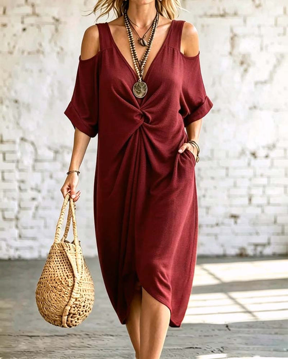 Kleid Einfarbig Kalt Schulter Gekraust