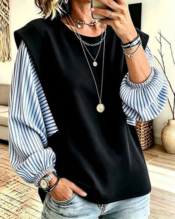 Sweatshirt Gestreift Langarm Patchwork