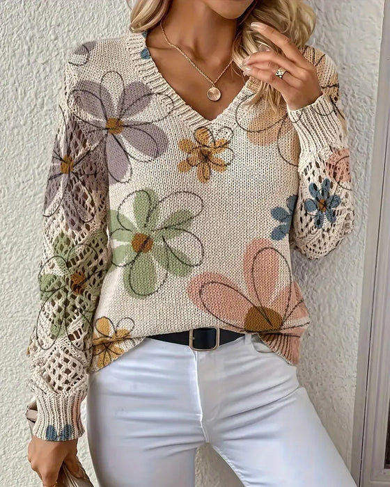 V-Ausschnitt Lochmuster-Strickpullover