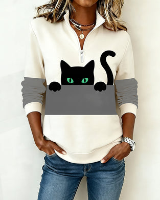 Sweatshirt Halbreißverschluss Katzenprint