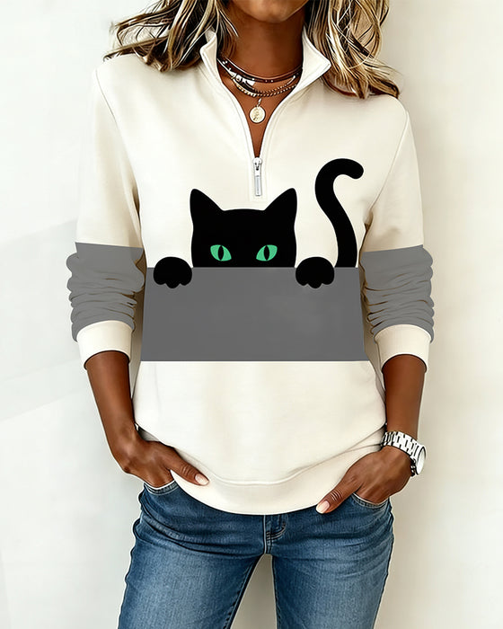 Sweatshirt Halbreißverschluss Katzenprint