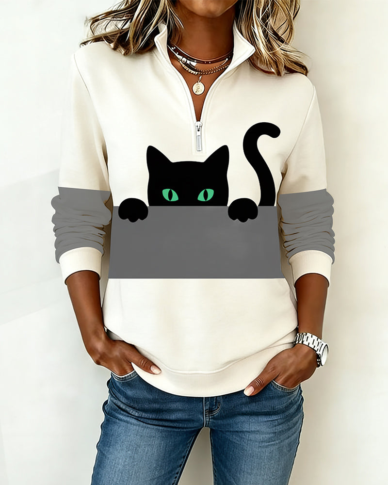 Sweatshirt Halbreißverschluss Katzenprint
