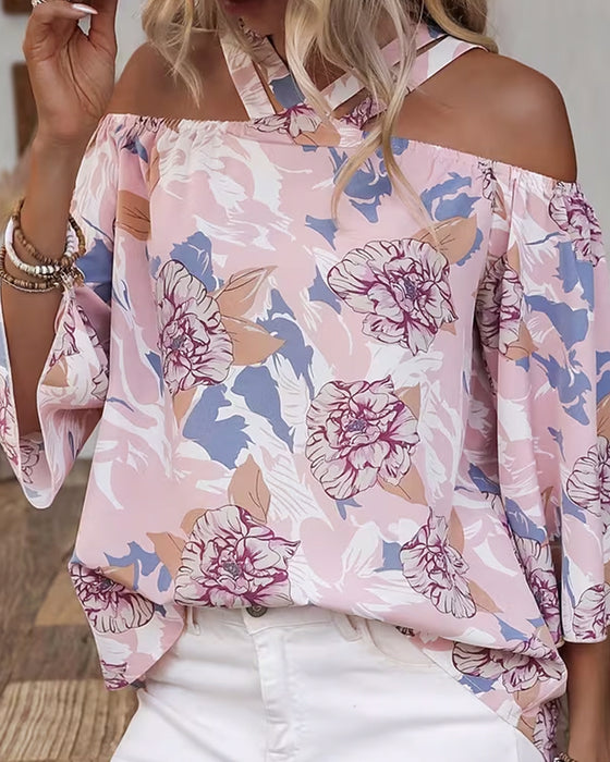 Bluse Blumen Kreuz Off-Shoulder