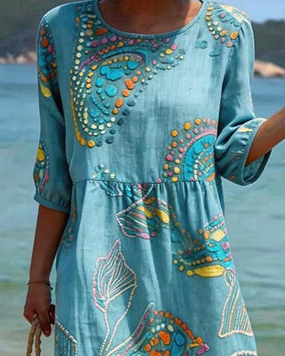 Kleid Print Rundhalsausschnitt Gerafft Lässig