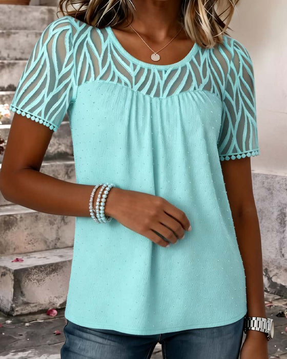 Bluse Mesh Patchwork Uni Farbe