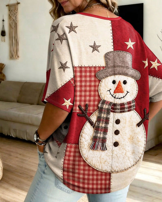 T-Shirt Weihnachten Schneemann Druck V-Ausschnitt Halbarm