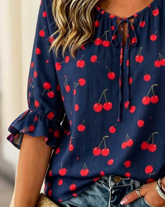 Bluse Kirschen Print Bindung 3/4 Ärmel
