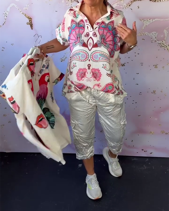 Bluse Revers Kurzarm Bedruckt