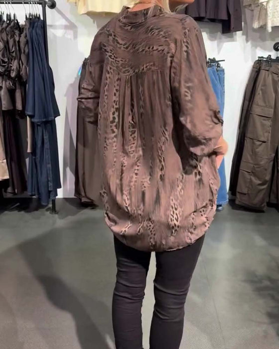 Bluse V-Ausschnitt Knopf Vorne Leopard Druck Locker