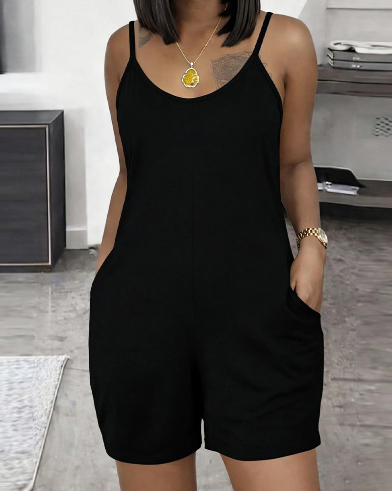 Unifarbener Ärmelloser Jumpsuit Mit U-Ausschnitt Und Tasche