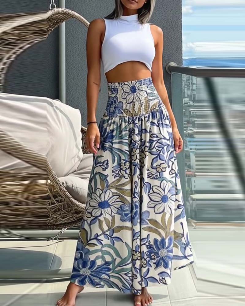 Hose Hoch Tailliert Blumenmuster Gummibund Weit Bein