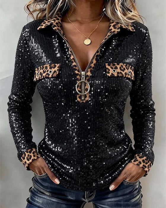 Oberteil Stilvoll Leopard Patchwork Reißverschluss