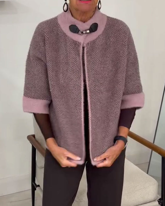 Cardigan Fischgrätenmuster Farbblock Cropped Gestrickt