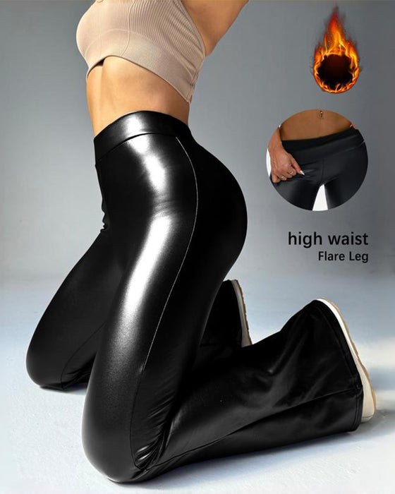 Leggings Uni Schwarz PU Leder Hohe Taille