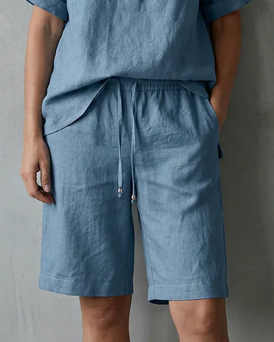Zwei-Teile Set Henley-Ausschnitt Kurzarm Und Kordelzug Fünf-Punkt Weite Bein Hose