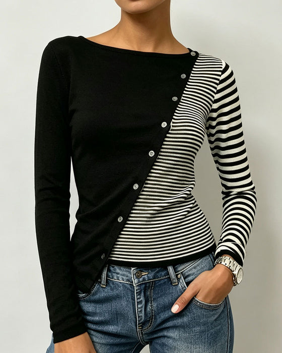 T-Shirt Kontrast Gestreift Knopf Patchwork