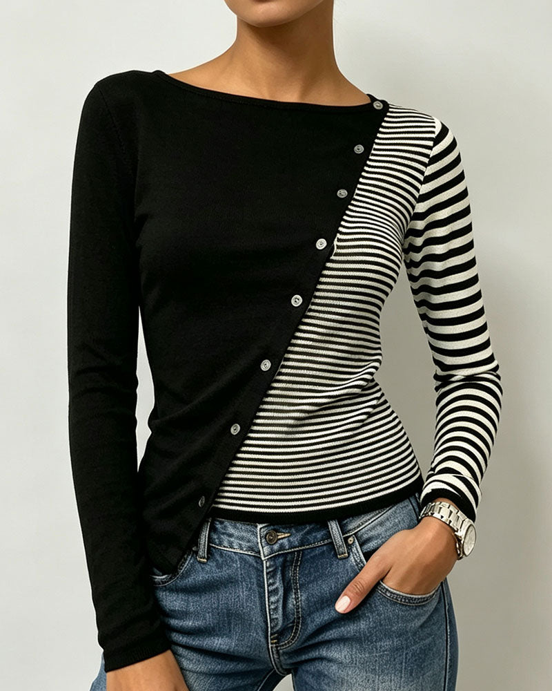 T-Shirt Kontrast Gestreift Knopf Patchwork