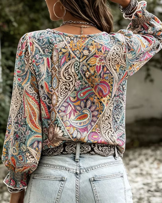 Bluse V-Ausschnitt Bohemian Puffärmel