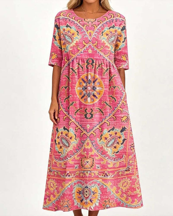 Kleid Mit Rüschenhals Und Bedrucktem Ausgestelltem Rock