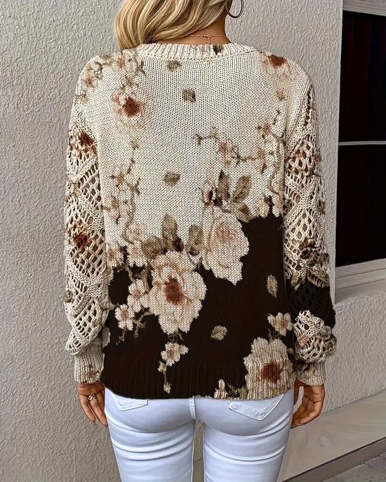 Pullover V-Ausschnitt Blumenprint Lochmuster