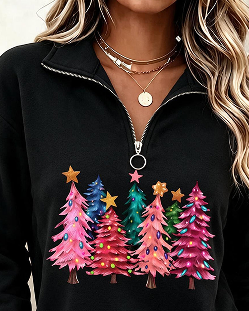 Sweatshirt Halb-Zip Weihnachtsbaum Druck