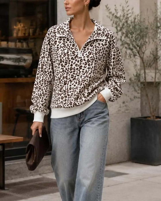 Sweatshirt Reißverschluss Leopard Lässig