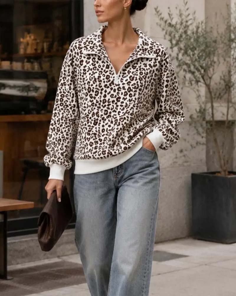 Sweatshirt Reißverschluss Leopard Lässig