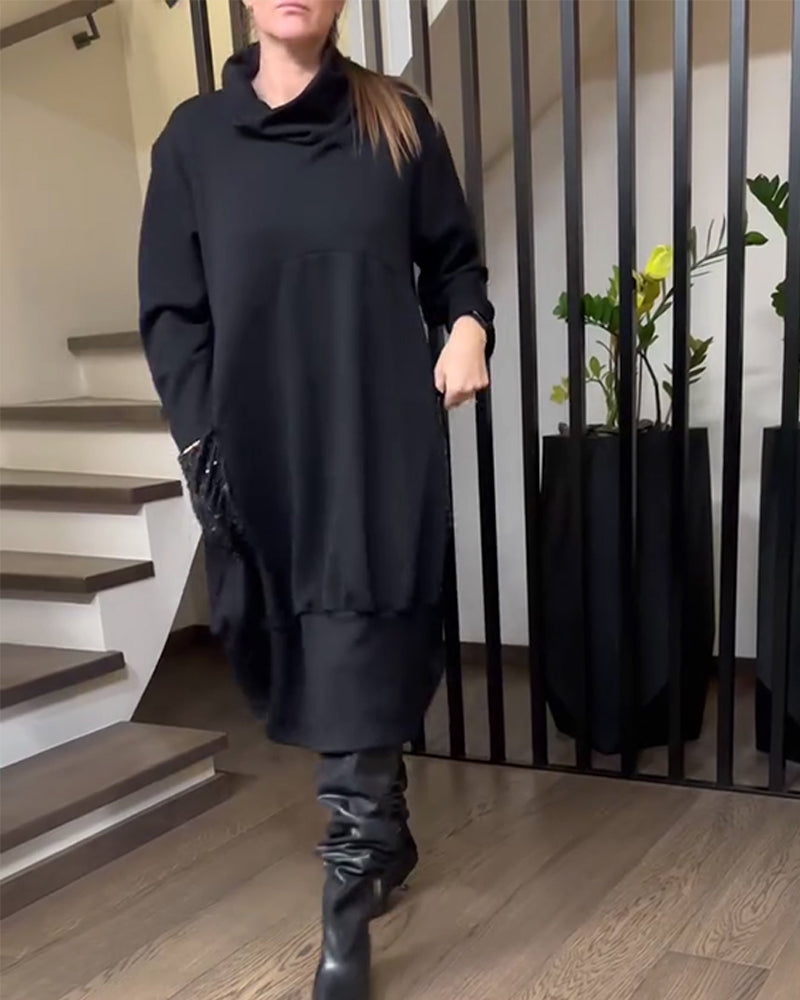 Sweatshirtkleid Hoher Kragen Plus Größe Glitzernd Tasche