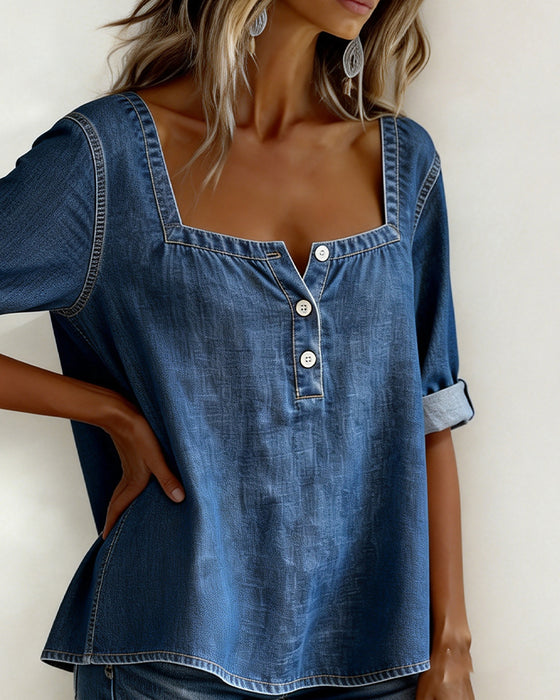 Hemd Quadratischer Ausschnitt Denim Halbarm