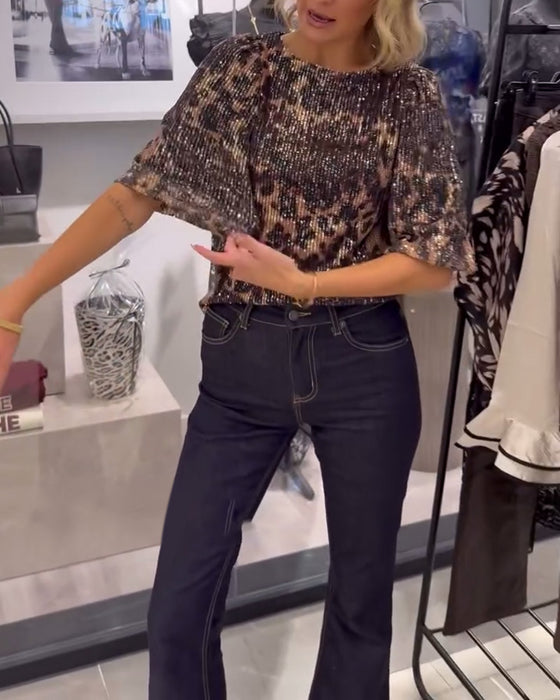 Bluse mit Laternenärmeln Pailletten Leopardenmuster