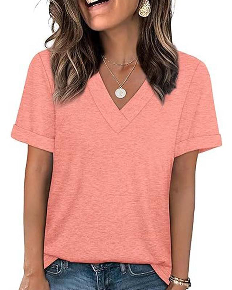 T-Shirt Einfarbig V-Ausschnitt Lässig Kurzarm